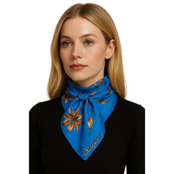 Vintage Jacqmar Floral Scarf Blue Brown Daisy Print Square 29x29 Polyester - Picture 1 of 10